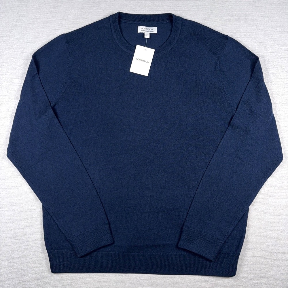 Nordstrom Crew Neck Sweater Mens 2XL Navy Merino Wool Long Sleeve NEW